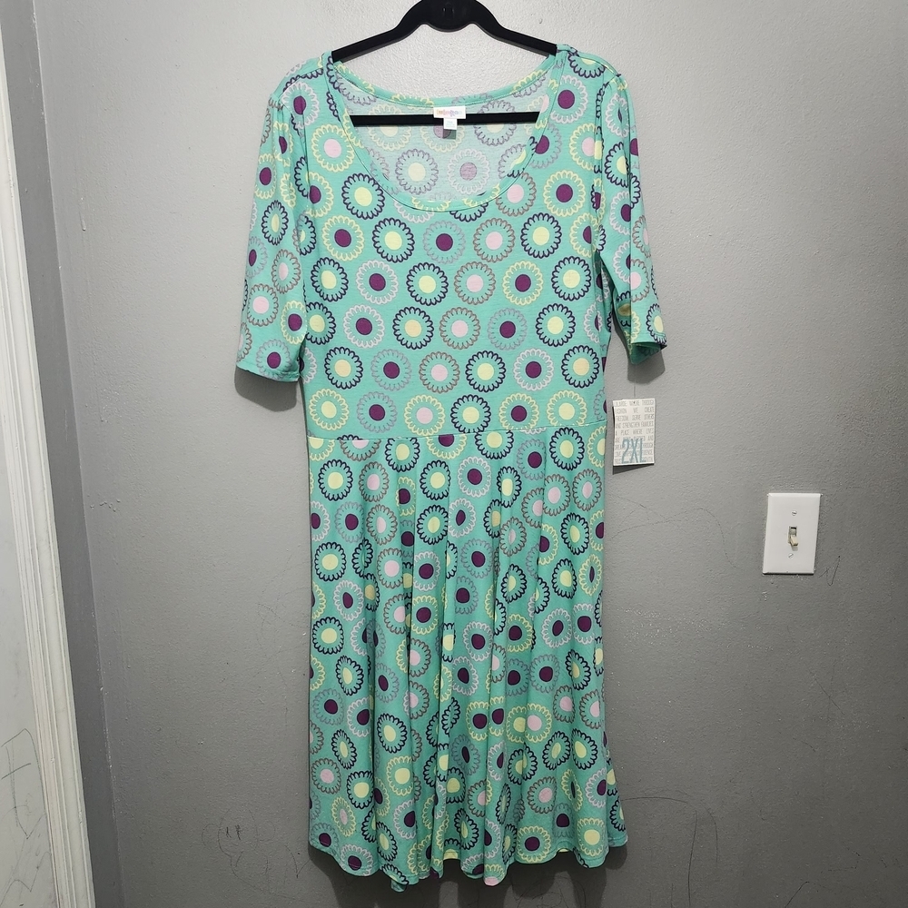 LuLaRoe Nicole Teal and Purple Patterned Midi Dress Size 2XL New
